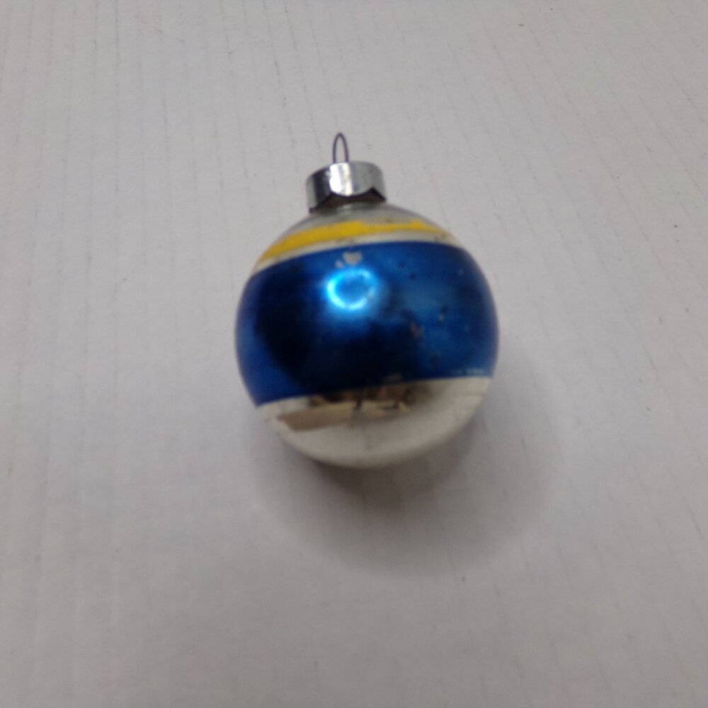 Vintage Christmas Tree Ornament Silver Tone Blue Yellow Ball Made In U.S.A